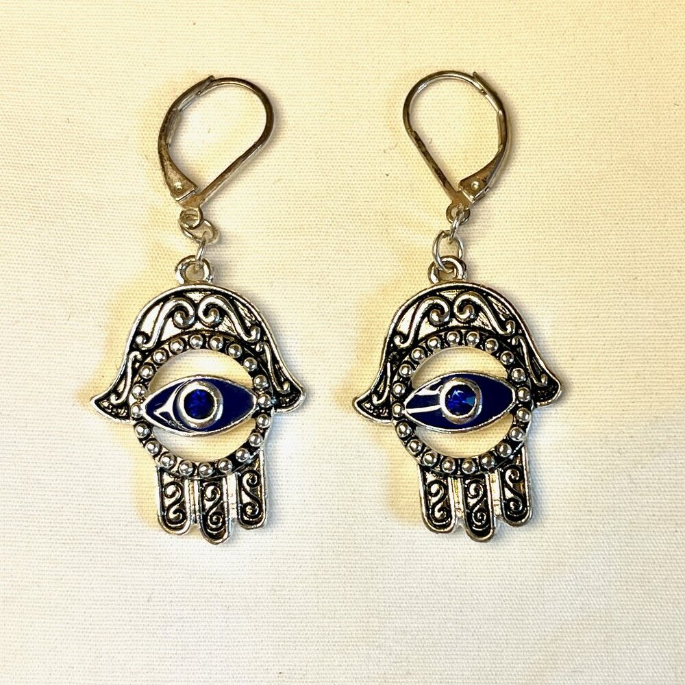 Hamsa Hand Earrings * Vintage * Pierced * 2" Hang * Quality Costume Jewelry